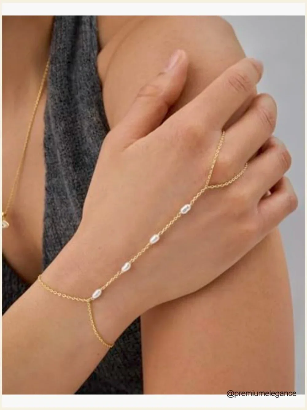 Gold Pearl Hand Chain Bracelet Ring Set Adjustable Dainty